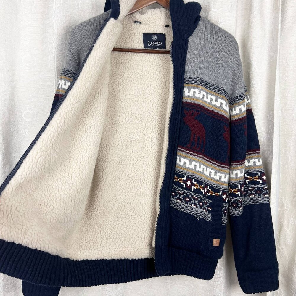 Alpine moose sweater full zip jacket sherpa lined hooded Buffalo David Bitton XL - Picture 6 of 11
